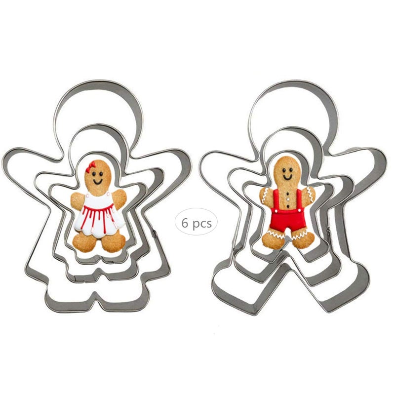 IShang Gingerbread Man and Gingerbread Woman Shaped Cookie Cutters Set of 6 pcs, Stainless Steel Christmas Gingerbread Families Boys and Girls Fondant Cut-outs Set Baking DIY Molds - Image 1